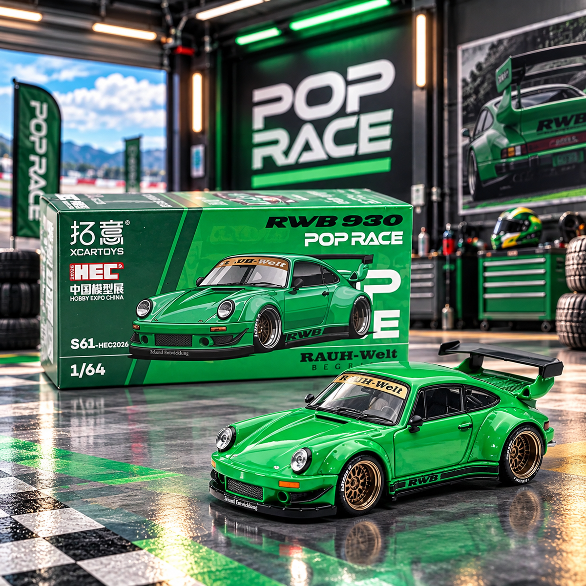 Porsche RWB 930 GREEN HEC Exclusive - Pop Race  x XCARTOYS  - 2026 Edition 1:64 Diecast Model