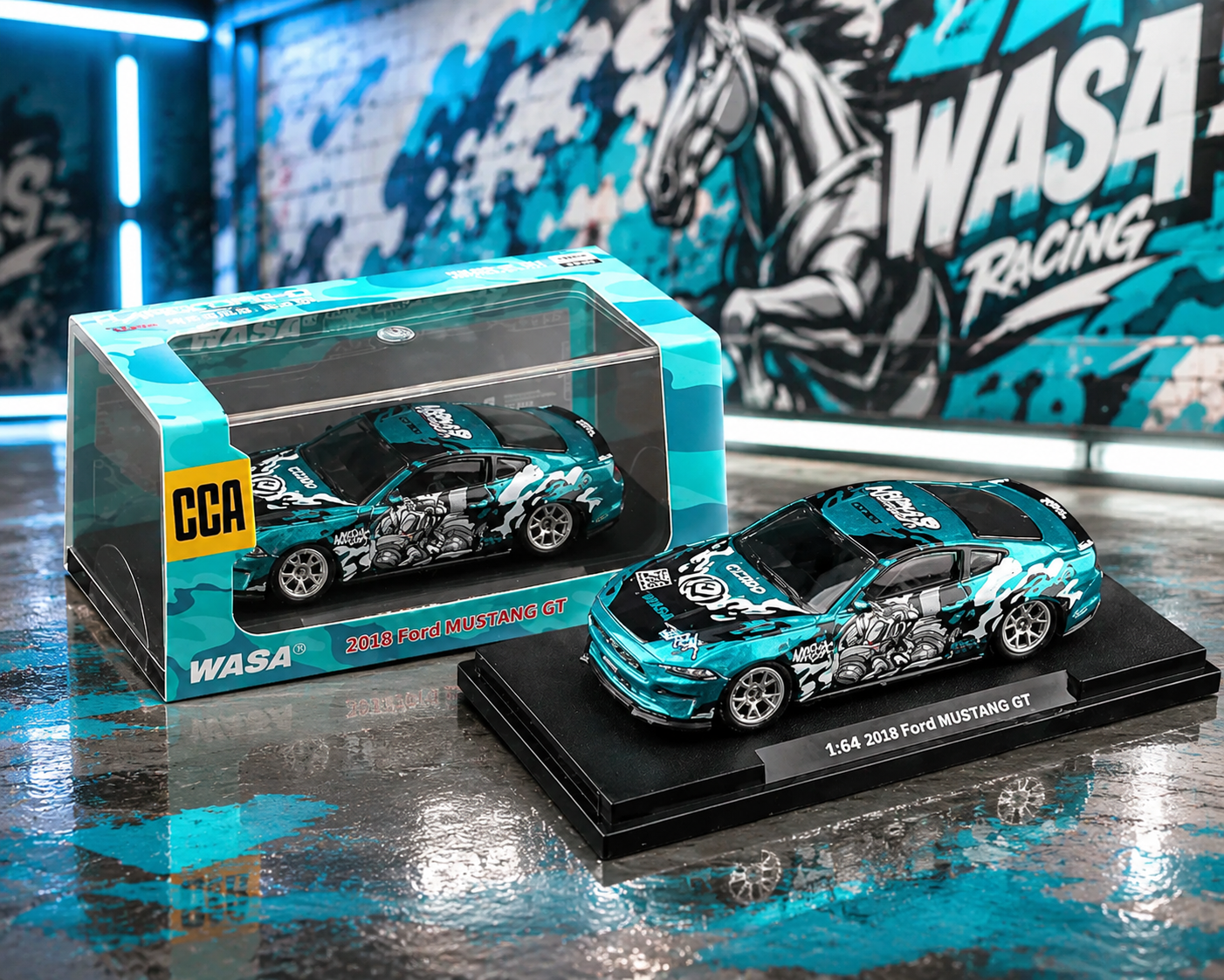 CCA - 2018 Ford Mustang GT WASA Blue 1:64 Scale Diecast (With Acrylic Case)