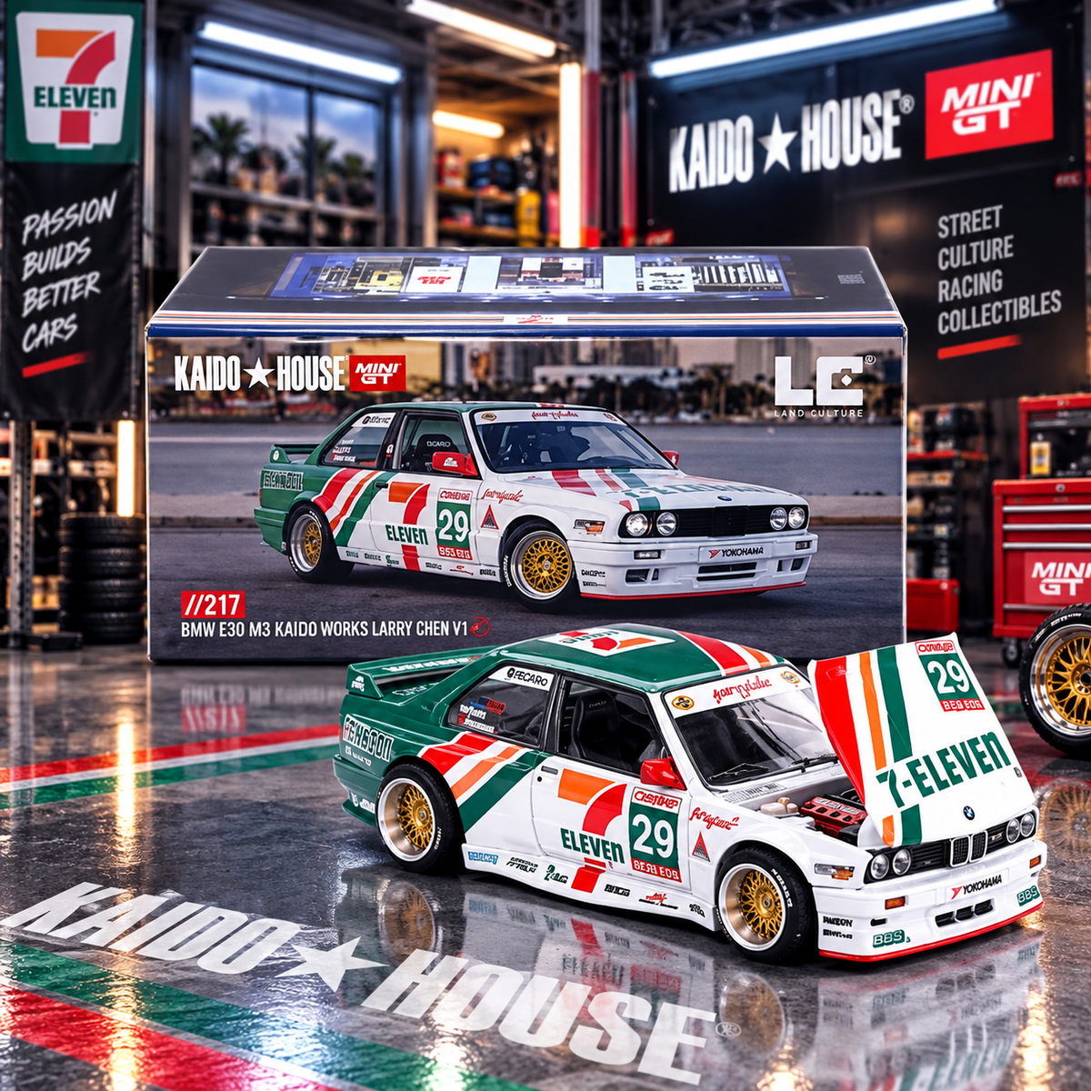 Kaido House - Seven Eleven BMW M3 Kaido Works Larry Chen V1 1:64-  7/11 - Mini GT