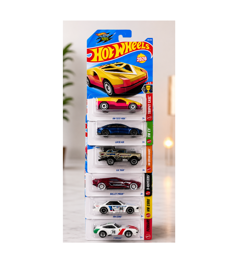 Hot Wheels - Set of 6 Mix - Test Ride & Lucid Air &Lil Mad & Bullet Proof & BMW 635 & Ferrari Competizione MRP
