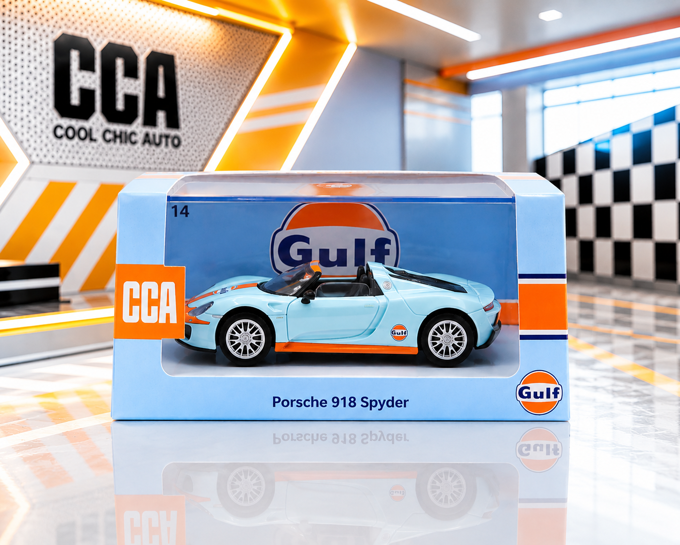 CCA - Porsche 918 Spyder Gulf Livery 1:64 Scale Diecast (With Acrylic Case)