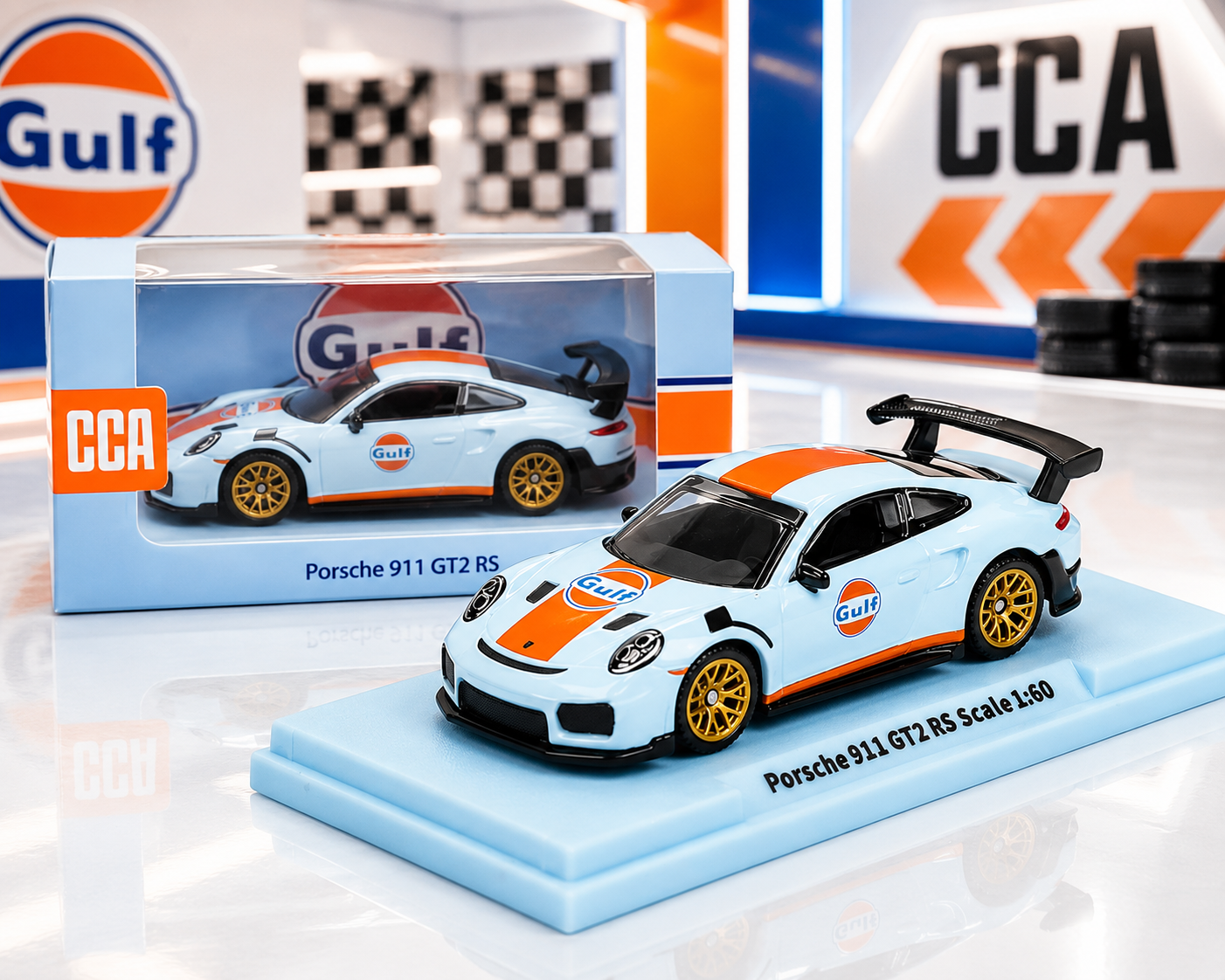 CCA - Gulf Porsche 911 GT2 RS 1:64 Scale Diecast (With Acrylic Case)