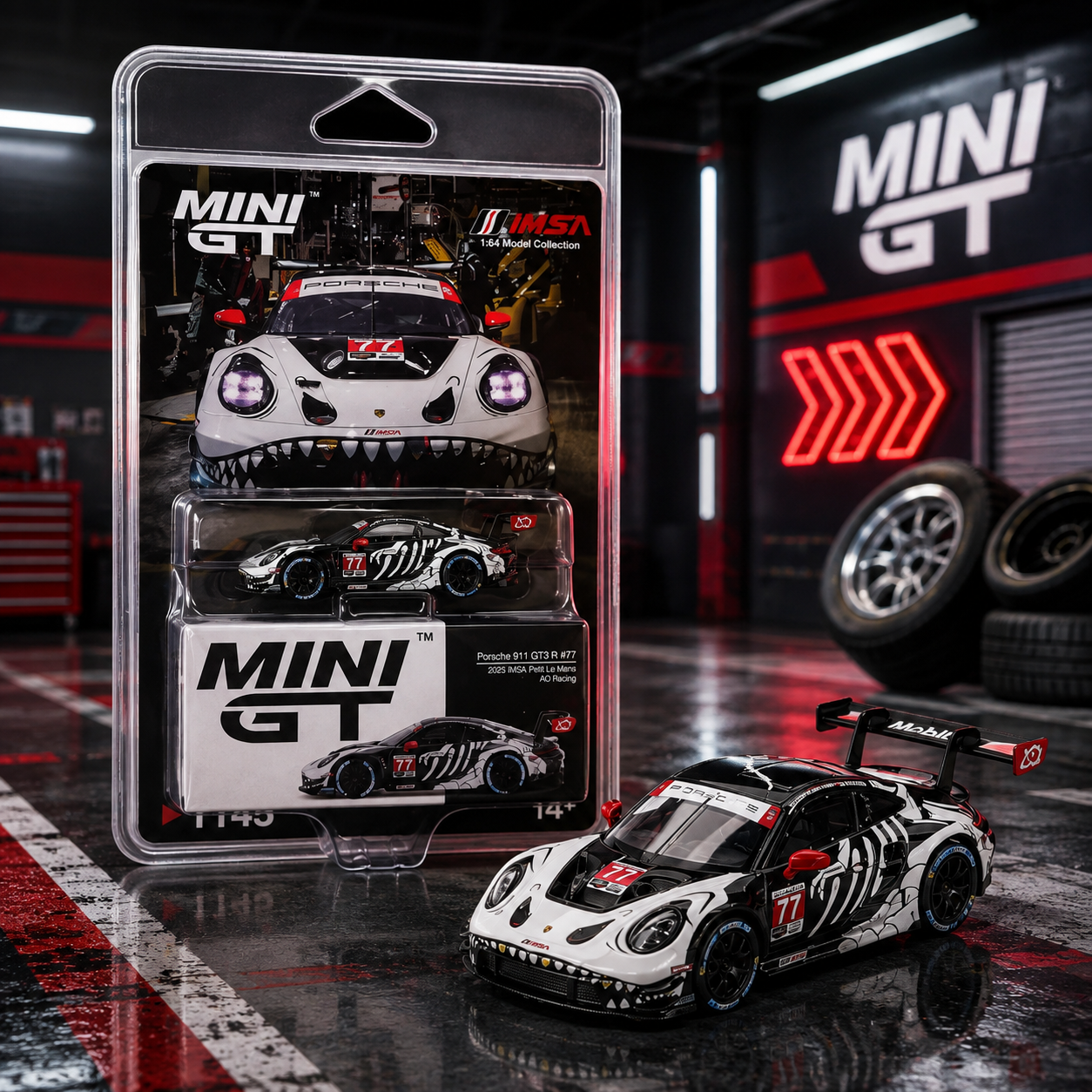Mini GT - Porsche 911 GT3 R #77 AO Racing 2025 IMSA Petit Le Mans Skeleton Rexy Blister Pack